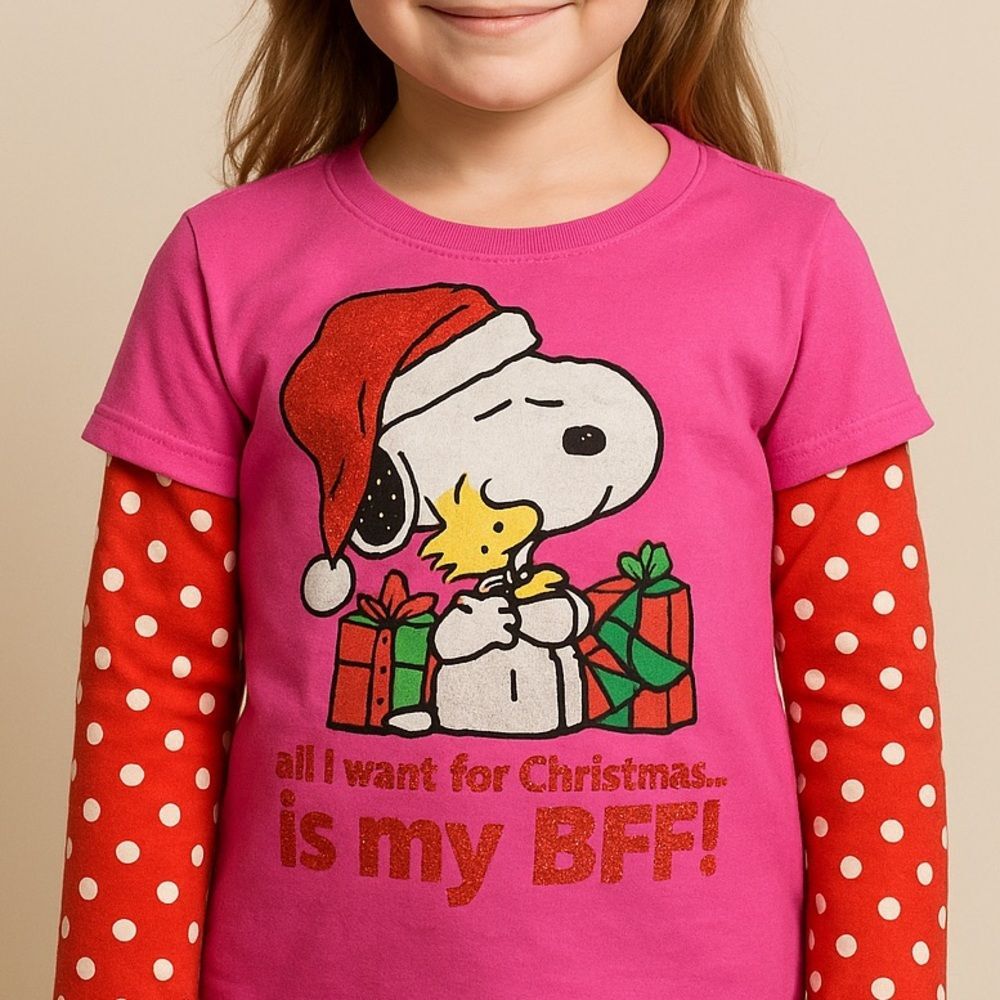 Peanuts Snoopy Woodstock Christmas Girls 6X Pink Layered Long Sleeve Shirt